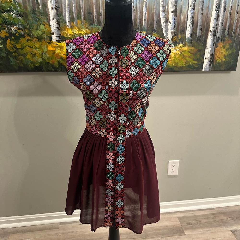 Multicolor Embroidered Bodice Burgundy Women's Dress or top
